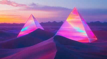 Glowing neon pyramids floating above a desert, casting bright, colorful reflections onto the dunes below