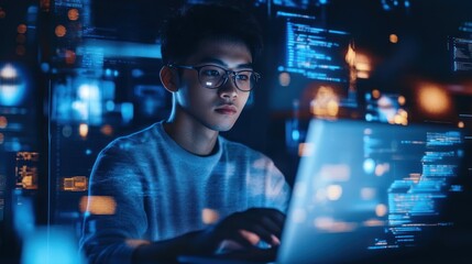 A tech-focused Asian person in tech-related jobs, showcasing the subject working in a modern tech environment with laptops, coding interfaces, and digital devices, symbolizing the future of innovation