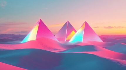 Glowing neon pyramids floating above a desert, casting bright, colorful reflections onto the dunes below