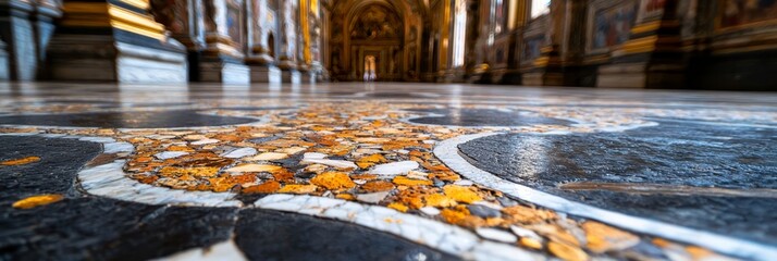  A tight shot of an orange-leaf-dotted tiled floor Behind it, a building stands tall