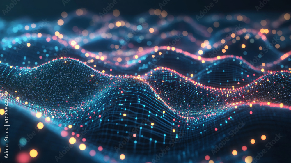 Poster a 3d grid filled with glowing dots and particles shows a visual representation of big data. the wavy