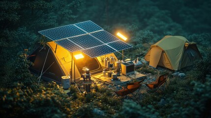 A tech-savvy camping setup with solar-powered equipment, showcasing solar panels charging devices, powering lights, and cooking tools, ideal for eco-conscious campers