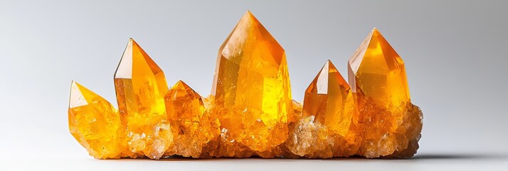  A yellow crystal cluster rests atop a white table Nearby sits a black object against a pristine white background