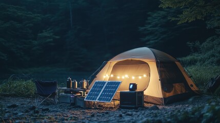 A tech-savvy camping setup with solar-powered equipment, showcasing solar panels charging devices, powering lights, and cooking tools, ideal for eco-conscious campers