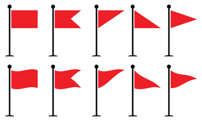 Set of red flags mounted on black poles. Static and waving flag icons for design, perfect for signaling or decorative purposes