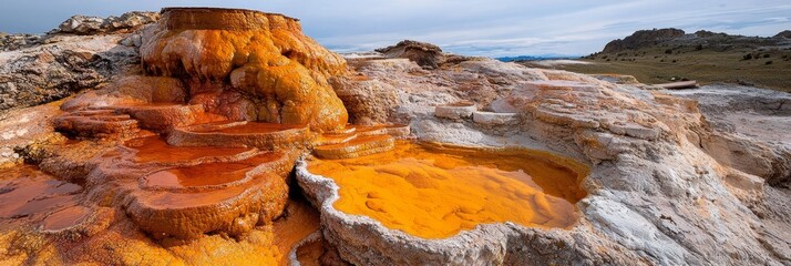 A collection of rocks painted orange and yellow, set against a blue sky backdrop