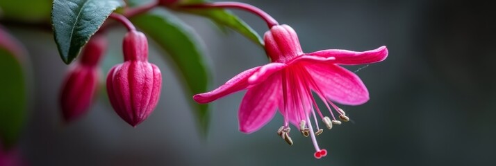  A tight shot of a pink bloom and a distinct green leaf in the foreground, while the background softly blurs