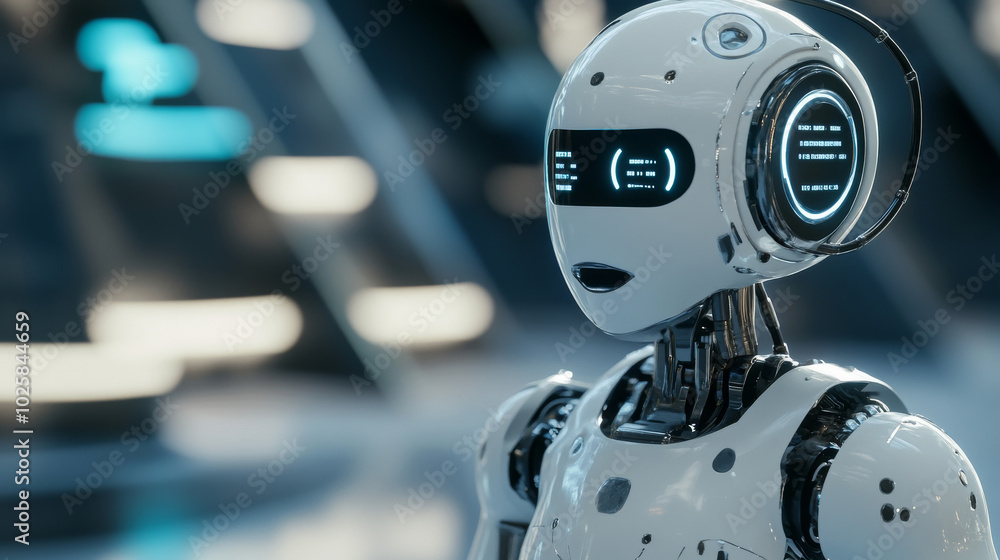 Poster an ai chatbot looks like a robot or cyborg holding speech bubbles. it helps people online by chattin