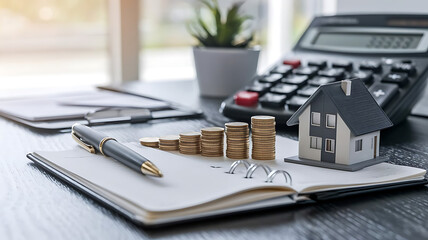 tax day background,House model, house placed on a white surface, next to a calculator, a pencil, and some coins, symbolizing home finances, budgeting, or real estate planning.	