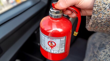 Naklejka premium Compact Red Fire Extinguisher Stored Under Bus Seat for Emergency Use