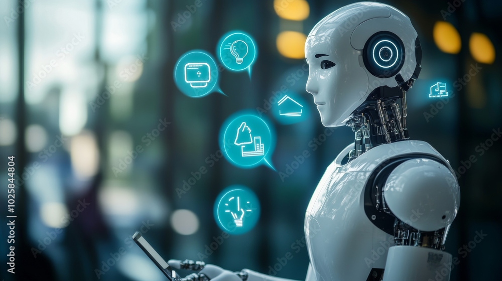 Poster an ai chatbot looks like a robot or cyborg holding speech bubbles. it helps people online by chattin