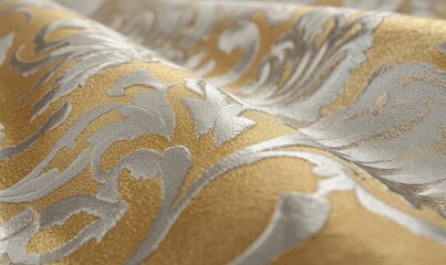 Golden fabric with silver floral pattern.
