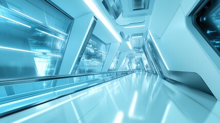 Obraz premium Futuristic Corridor with Glass Walls and Bright Lights