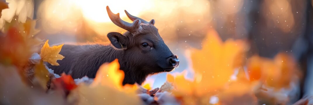 A baby cow amidst an autumnal forest, surrounded by rustling leaves, gazes quizzically at the camera