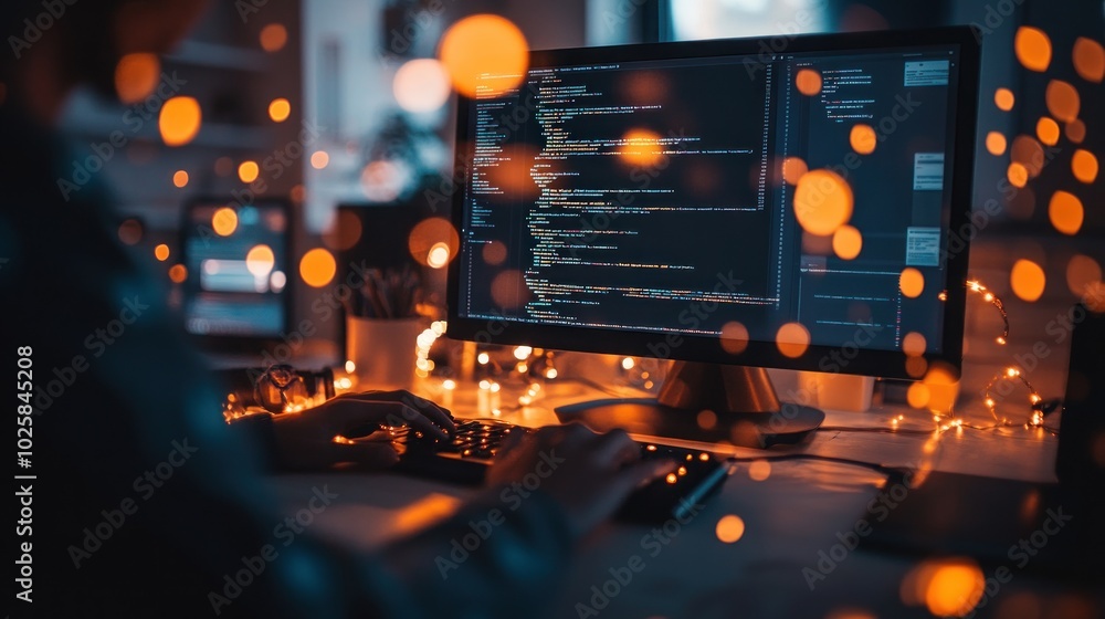 Aufkleber a programmer works late at night, illuminated by fairy lights, coding on a computer.