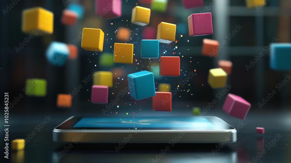 Poster a smartphone screen with colorful blocks floating above it, representing the data processed by artif