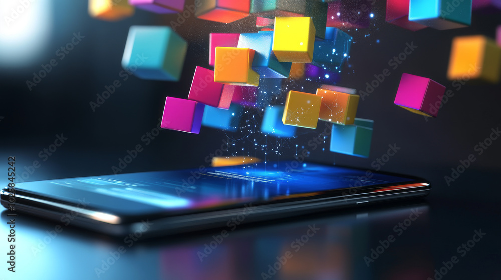 Poster a smartphone screen with colorful blocks floating above it, representing the data processed by artif