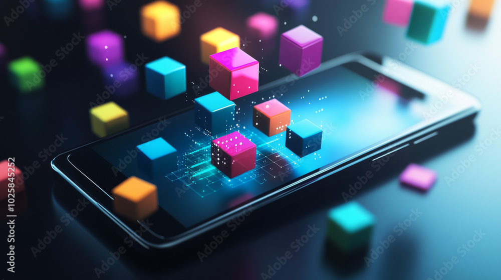 Poster a smartphone screen with colorful blocks floating above it, representing the data processed by artif