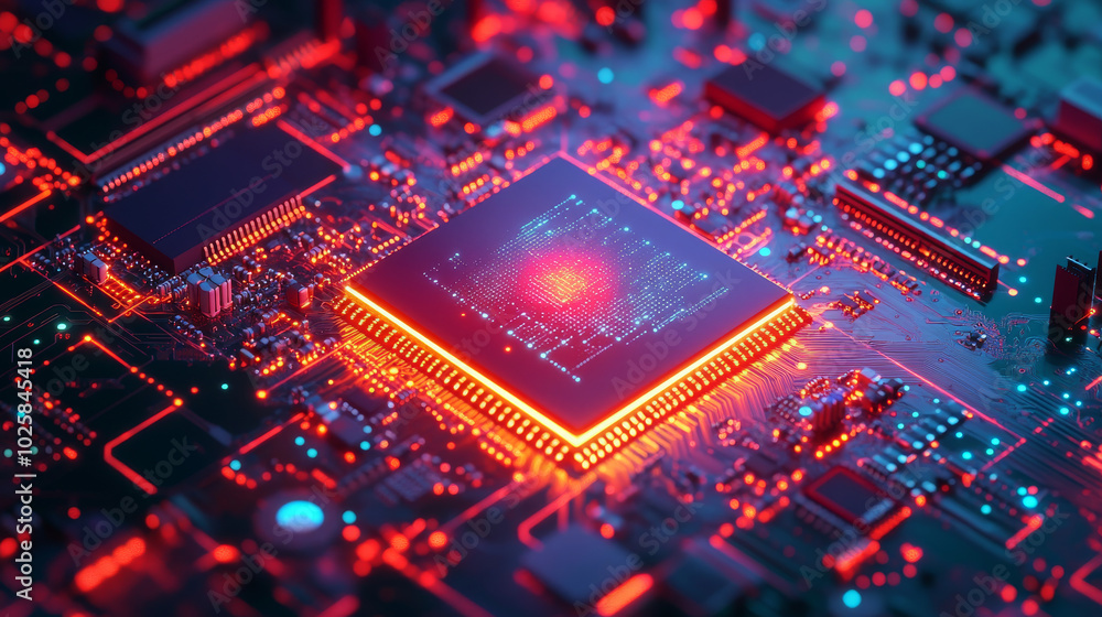 Poster a glowing ai chip sits on a motherboard, showcasing advanced artificial intelligence technology. thi
