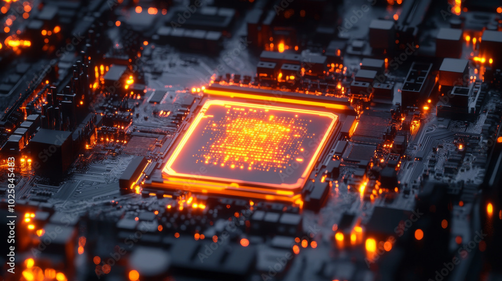 Poster a glowing ai chip sits on a motherboard, showcasing advanced artificial intelligence technology. thi