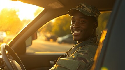 A smiling African American soldier in a camouflage uniform driving a car.  He's looking at the camera with a happy expression on his face.
