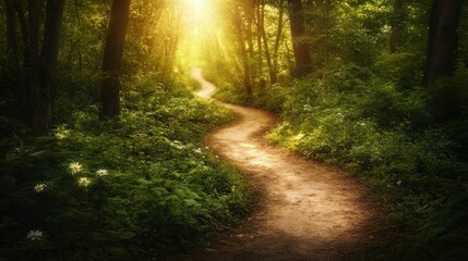 Fototapeta premium A winding dirt path leads through a lush forest, bathed in the warm glow of the setting sun.