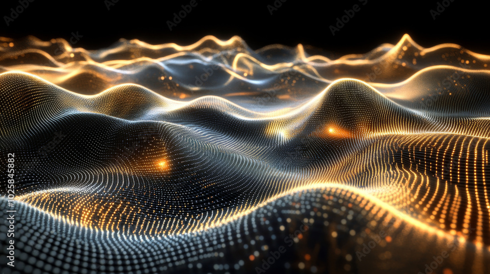 Poster a 3d grid made of glowing dots and particles shows how data flows. this visual representation uses w