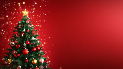 Christmas tree decorated and blur bokeh light in red background