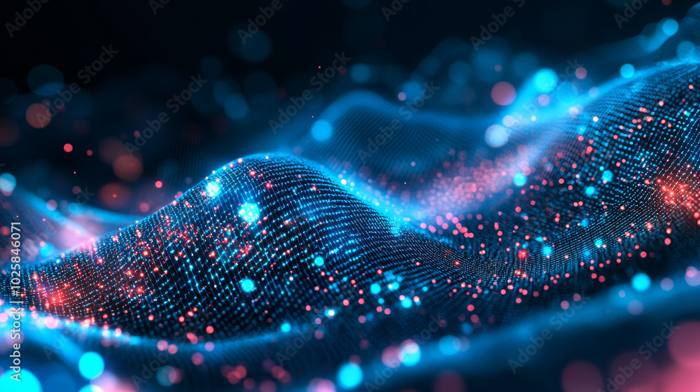 Poster a 3d grid made of glowing dots and particles shows how data flows. this visual representation uses w