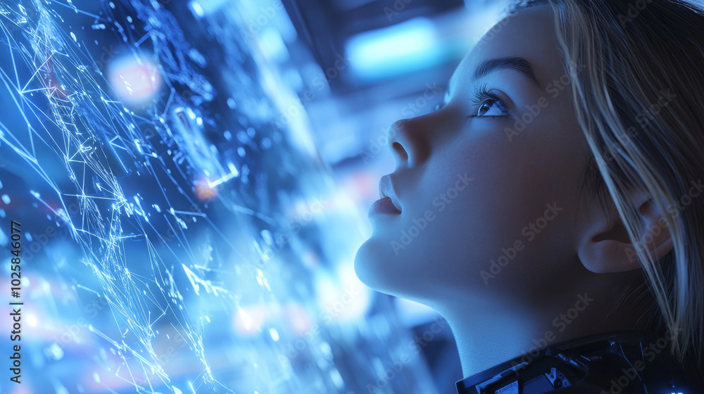 Poster a female robot, powered by ai, works in a virtual world. she's looking up at a 3d diagram, analyzing
