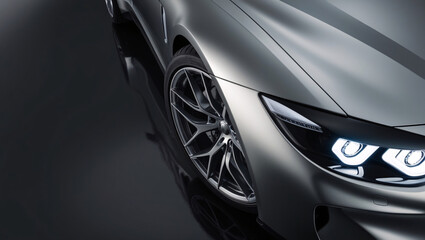 Fototapeta premium Close-Up of a Sleek Metallic Silver Car Highlighting Aerodynamic Design, Angular LED Headlight, and Sporty Multi-Spoke Alloy Rim Against a Dark Glossy Background