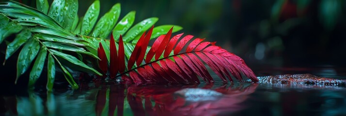  A red flower atop a body of water, adjacent to a lush, green plant with leafy tops also resting in the water