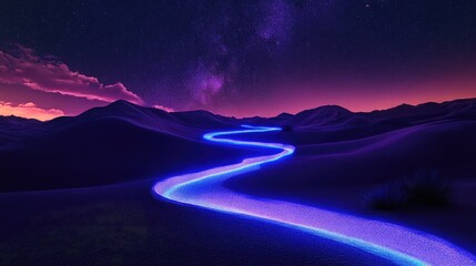 Neon pathways winding through the desert dunes, lighting up the landscape with electric blues and purples under the night sky