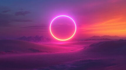Neon rings hovering above a desert at dusk, their bright colors standing out against the darkening sky and barren dunes