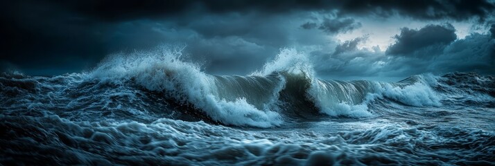  A vast wave in the ocean's heart, darkened sky above, ominous clouds gathering