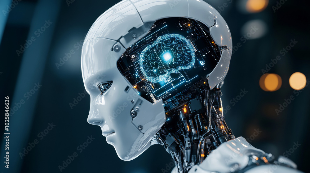 Poster a robot, with its head open, is getting a new brain. an artificial intelligence processor is being p