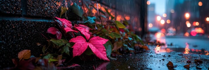  A pink flower sits by a building's side on a rain-soaked street Streetlights cast background glow