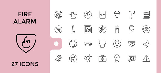 Fire alarm systems lone icons set. Related to smoke sensor, sprinkler, powder extinguishing module, fire alarm control panel and more, Editable stroke, pixel perfect icon collection.