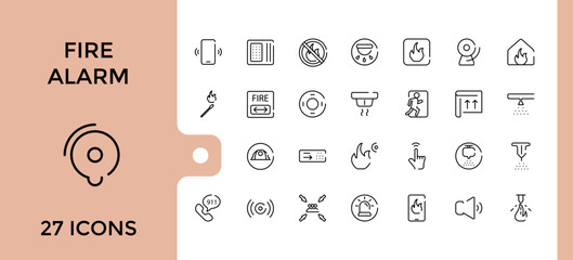 Fire alarm systems lone icons set. Related to smoke sensor, sprinkler, powder extinguishing module, fire alarm control panel and more, Editable stroke, pixel perfect icon collection.
