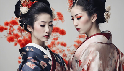  Elegant portrait of a beautiful geisha in a traditional kimono.