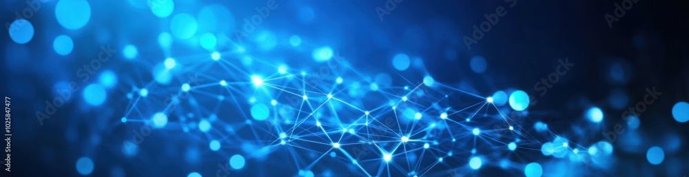 Poster abstract blue background with connecting lines and bokeh lights.