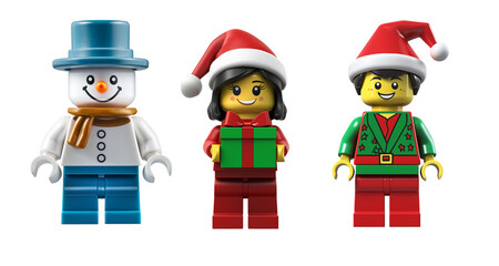 Naklejka premium Set of 3 lego figures. Christmas Elfs, Snowman