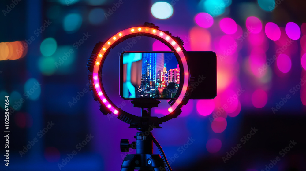 Poster a phone is set up on a tripod with an rgb ring light. it's streaming a video online. the colorful sm