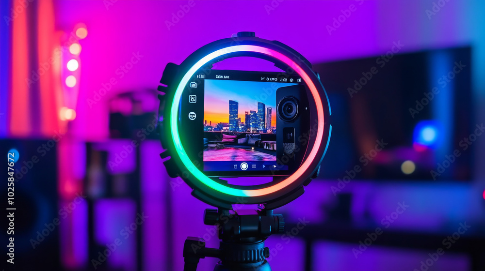 Poster a phone is set up on a tripod with an rgb ring light. it's streaming a video online. the colorful sm