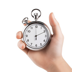 A person's hand holding a silver stopwatch with clear numbers against a bright background indicating precise timing