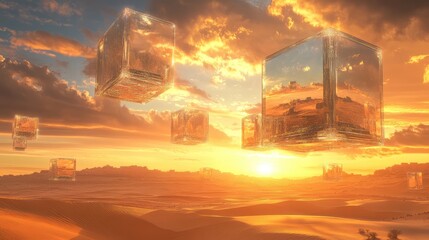 A desert at sunset with floating transparent cubes reflecting the sky, creating an ethereal, dreamlike atmosphere