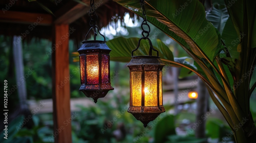 Poster two lit lanterns hanging from a tree branch