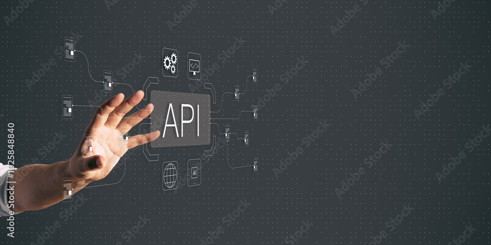 Poster Hand interacting with digital API interface on a dark background.