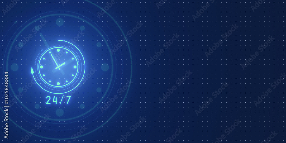 Poster Neon clock icon representing 24 7 time management concept on a digital background. 3D Rendering