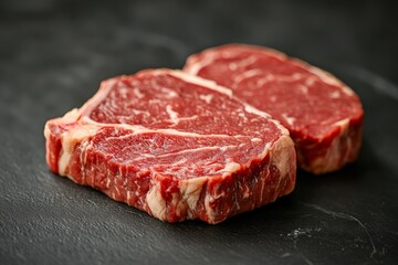 Fototapeta premium Angus ribeye steak, raw, showcasing rich marbling against a dark background, side lighting, ultra-high-definition